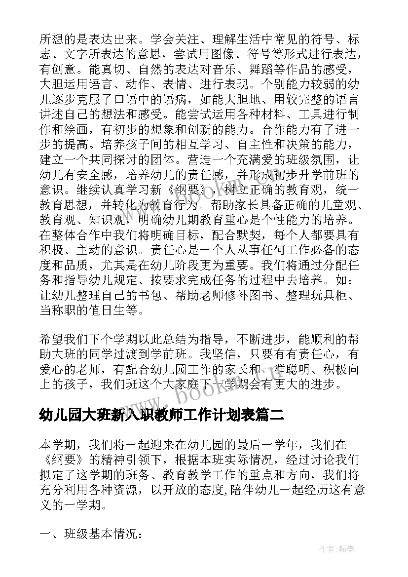 最新幼儿园大班新入职教师工作计划表 幼儿园大班教师工作计划(优质5篇)