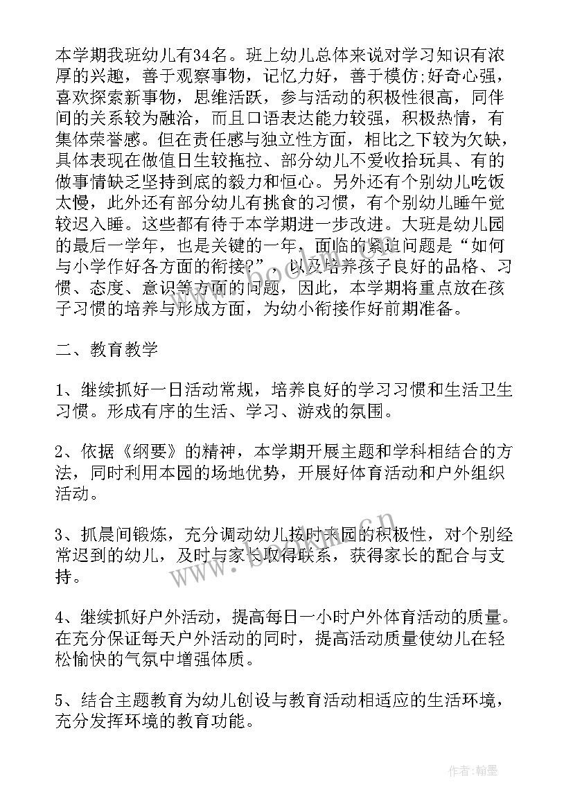 最新幼儿园大班新入职教师工作计划表 幼儿园大班教师工作计划(优质5篇)