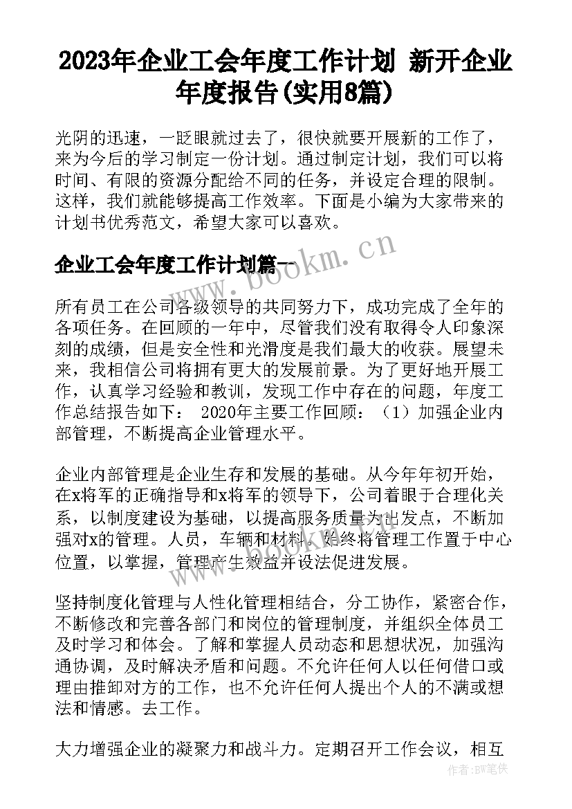 2023年企业工会年度工作计划 新开企业年度报告(实用8篇)