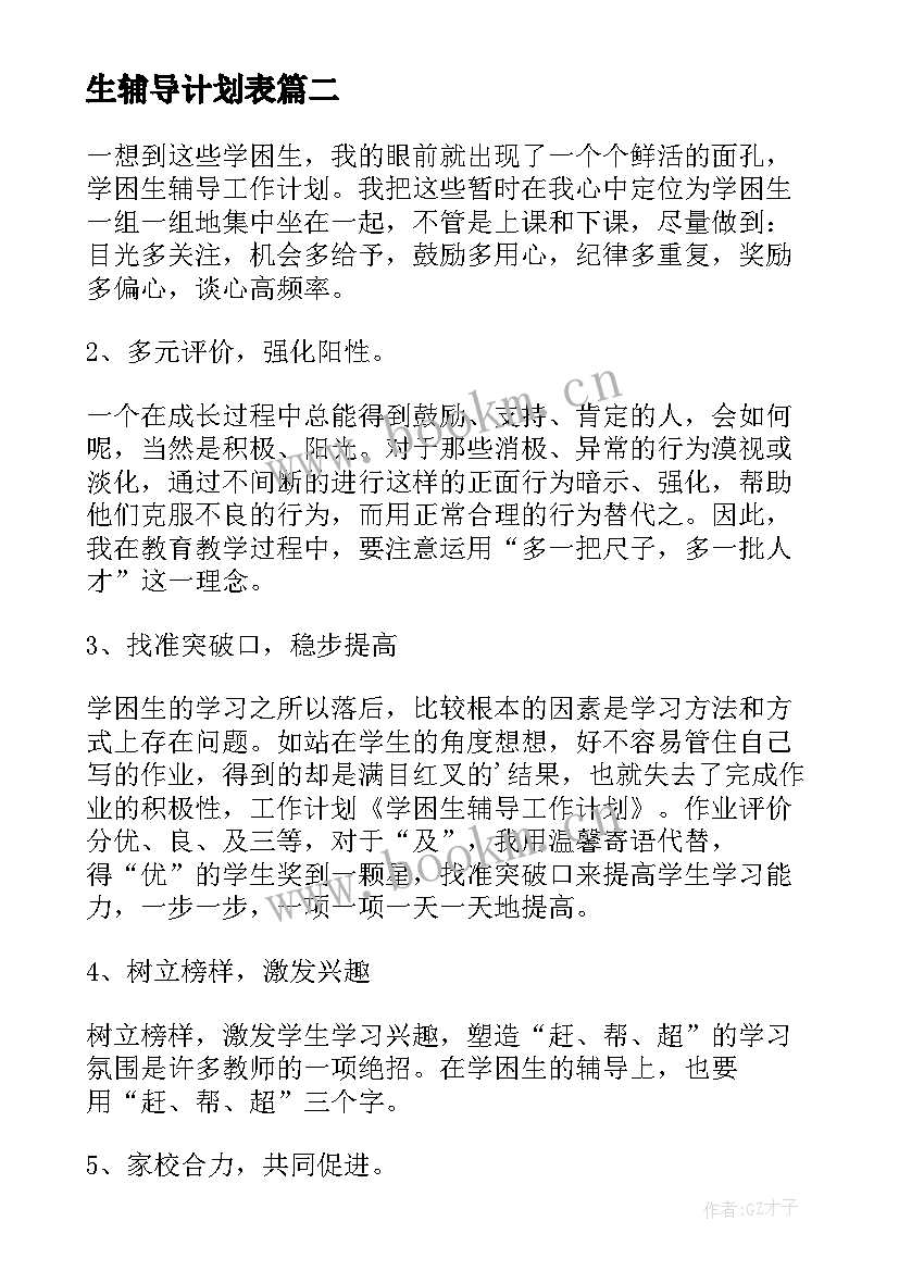 最新生辅导计划表 学困生辅导工作计划表(模板5篇)