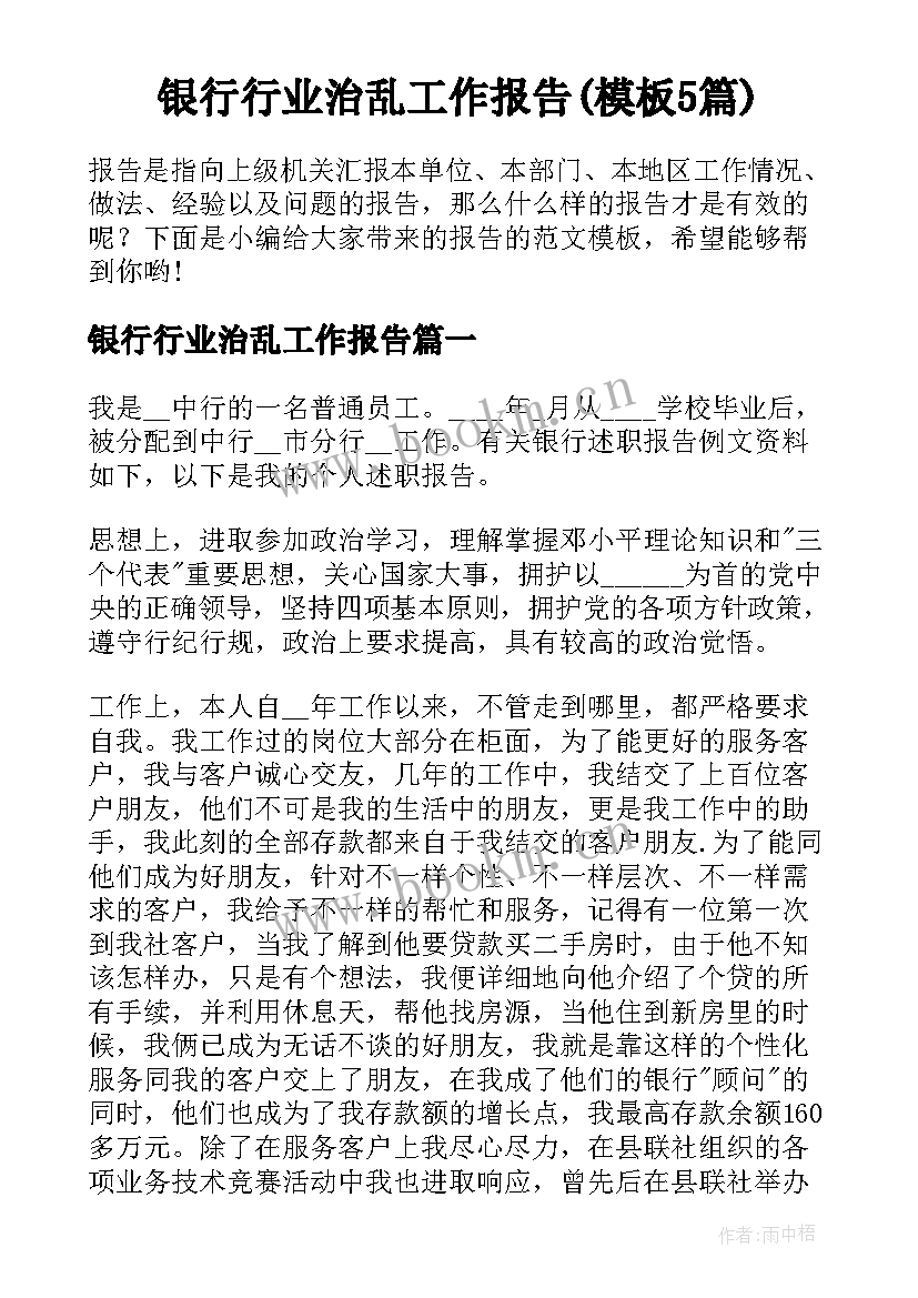 银行行业治乱工作报告(模板5篇)