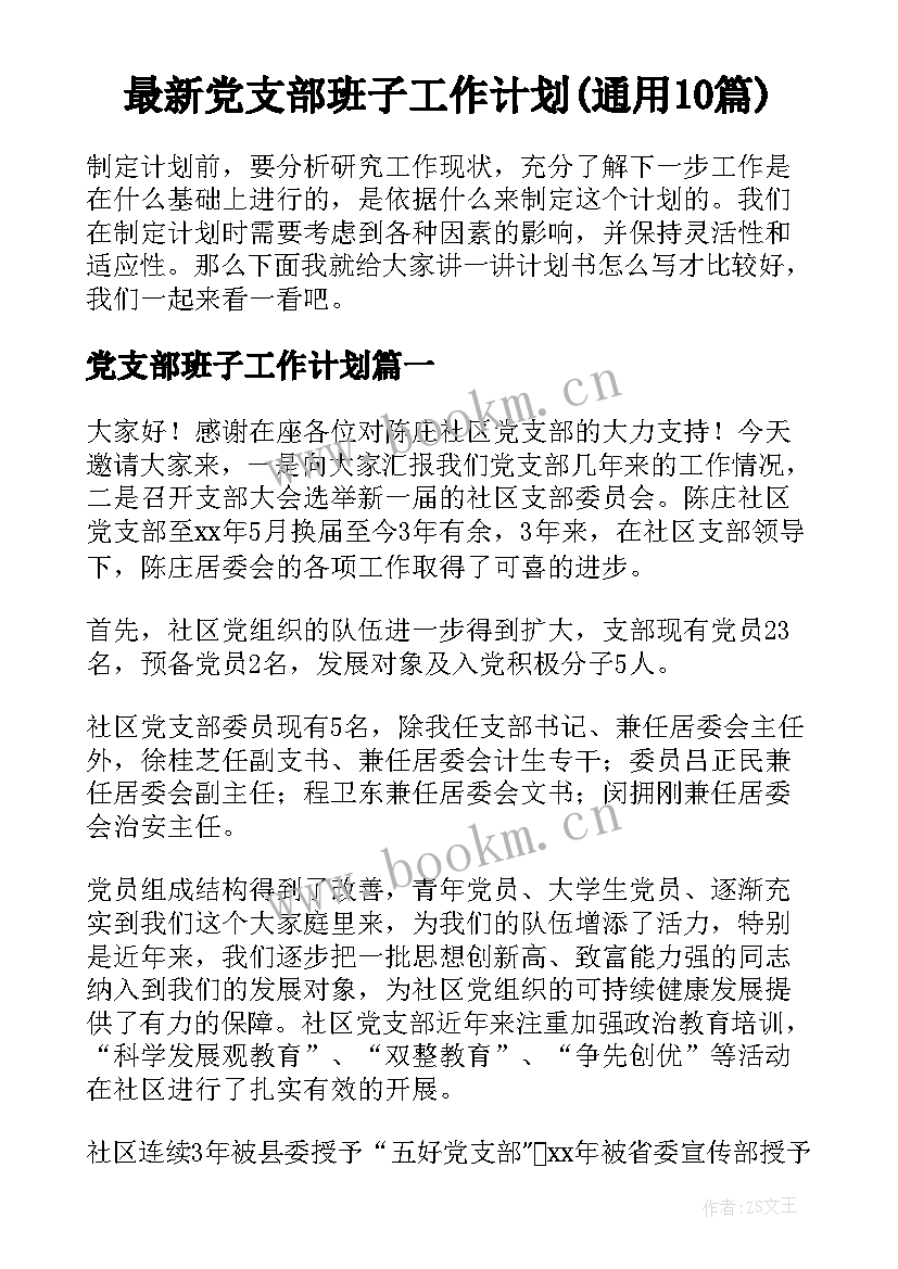 最新党支部班子工作计划(通用10篇)