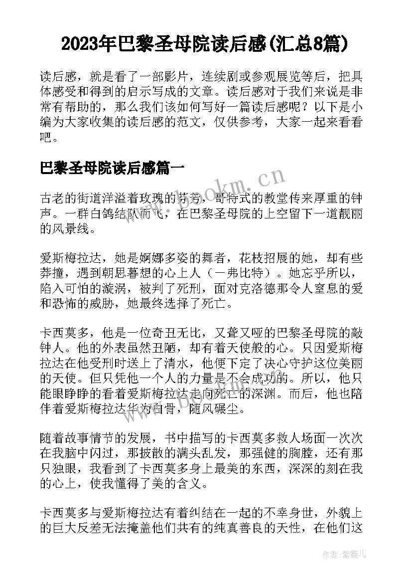 2023年巴黎圣母院读后感(汇总8篇)