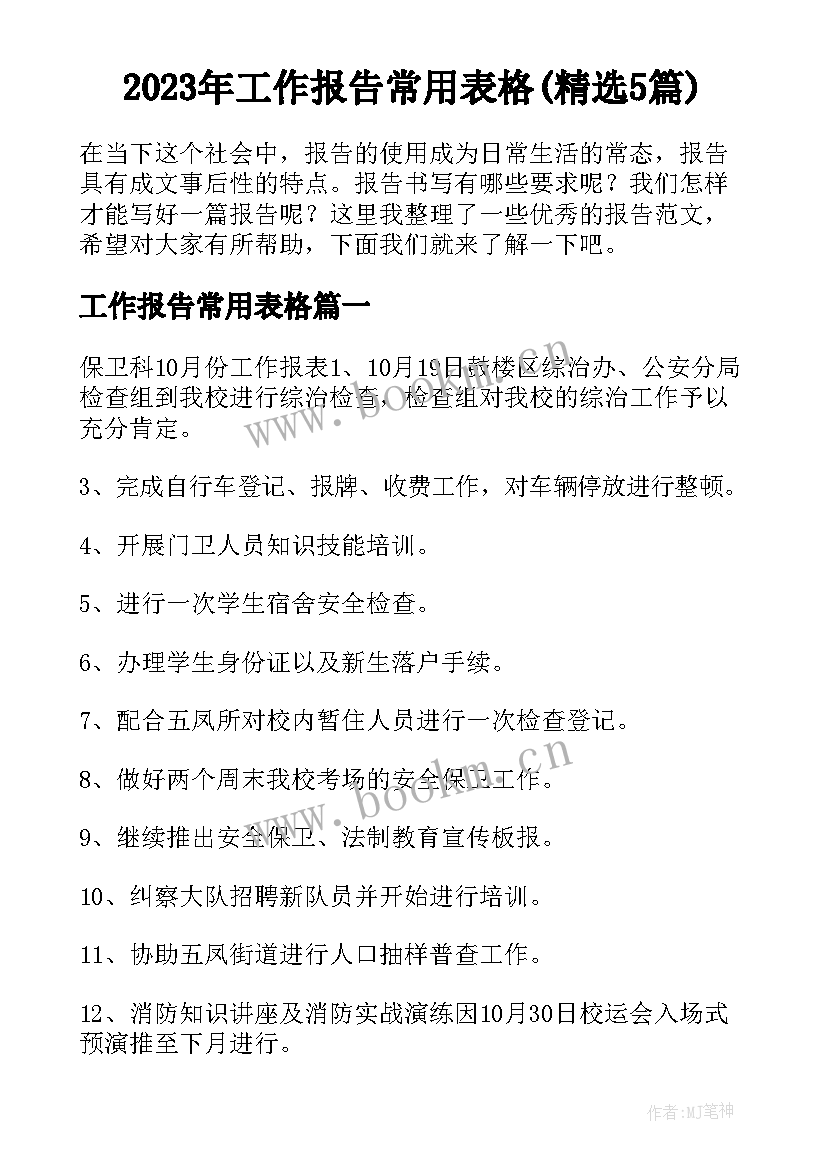 2023年工作报告常用表格(精选5篇)