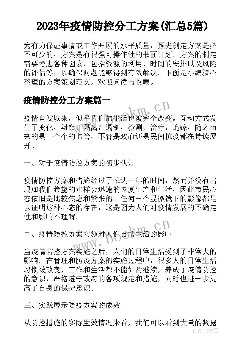 2023年疫情防控分工方案(汇总5篇)