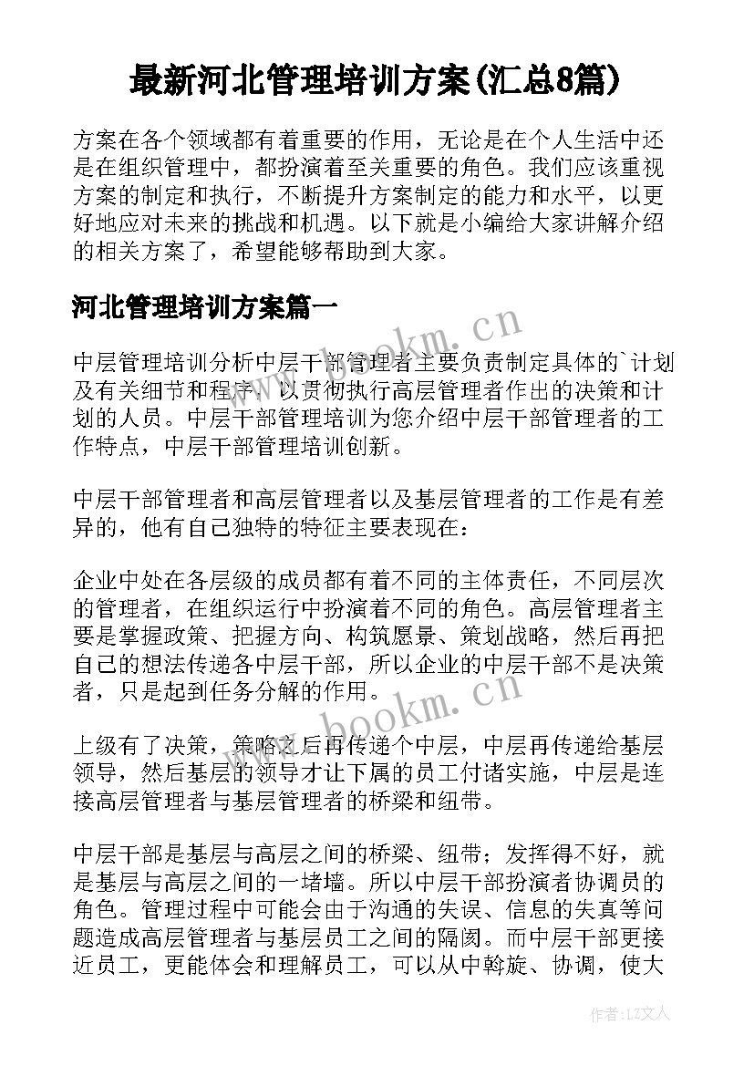 最新河北管理培训方案(汇总8篇)