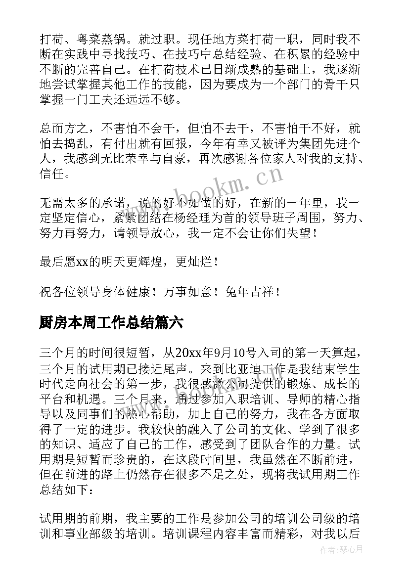 2023年厨房本周工作总结 厨房工作总结(模板6篇)