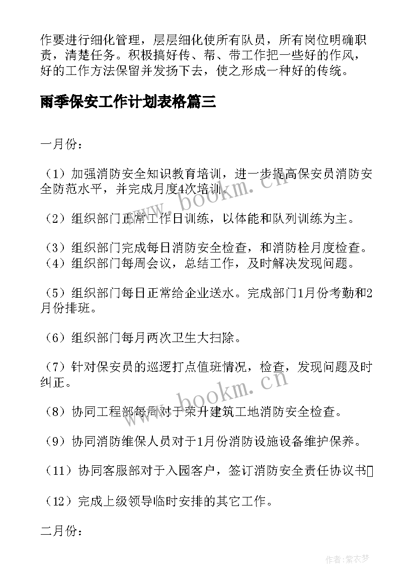 雨季保安工作计划表格 保安年度工作计划表(优秀5篇)