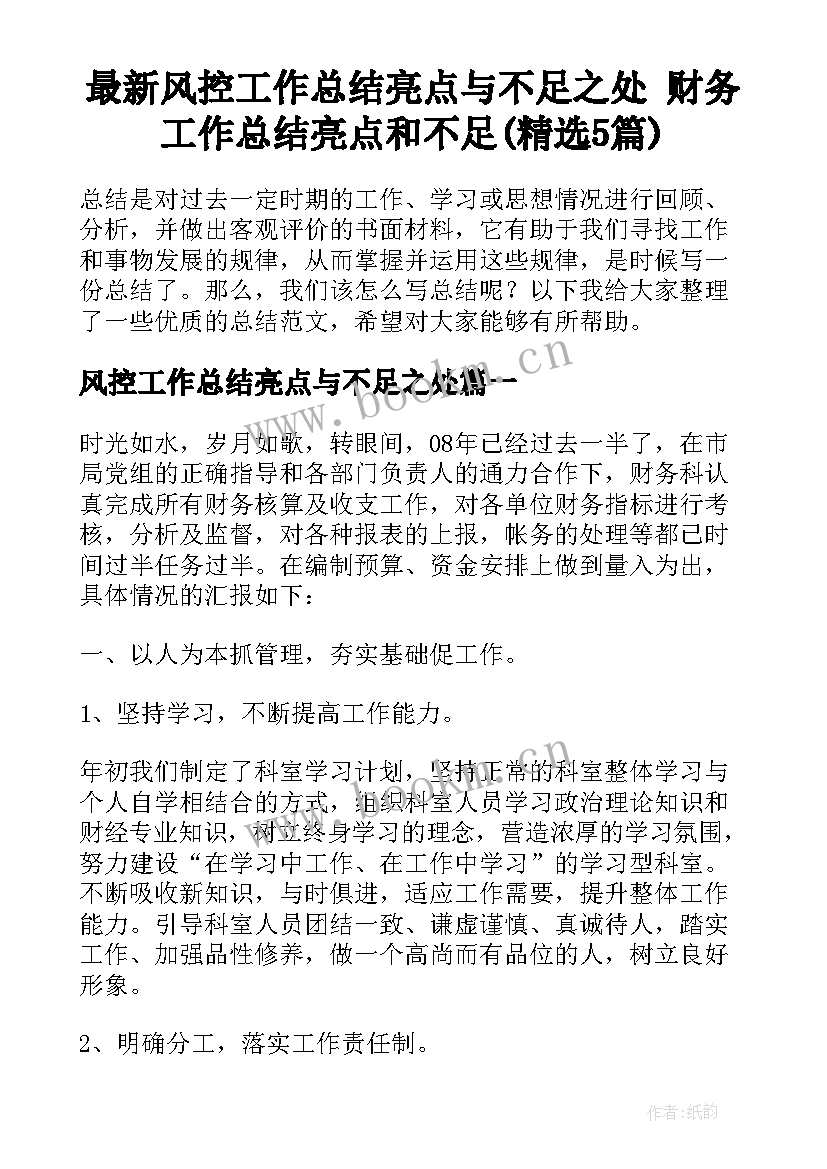 最新风控工作总结亮点与不足之处 财务工作总结亮点和不足(精选5篇)