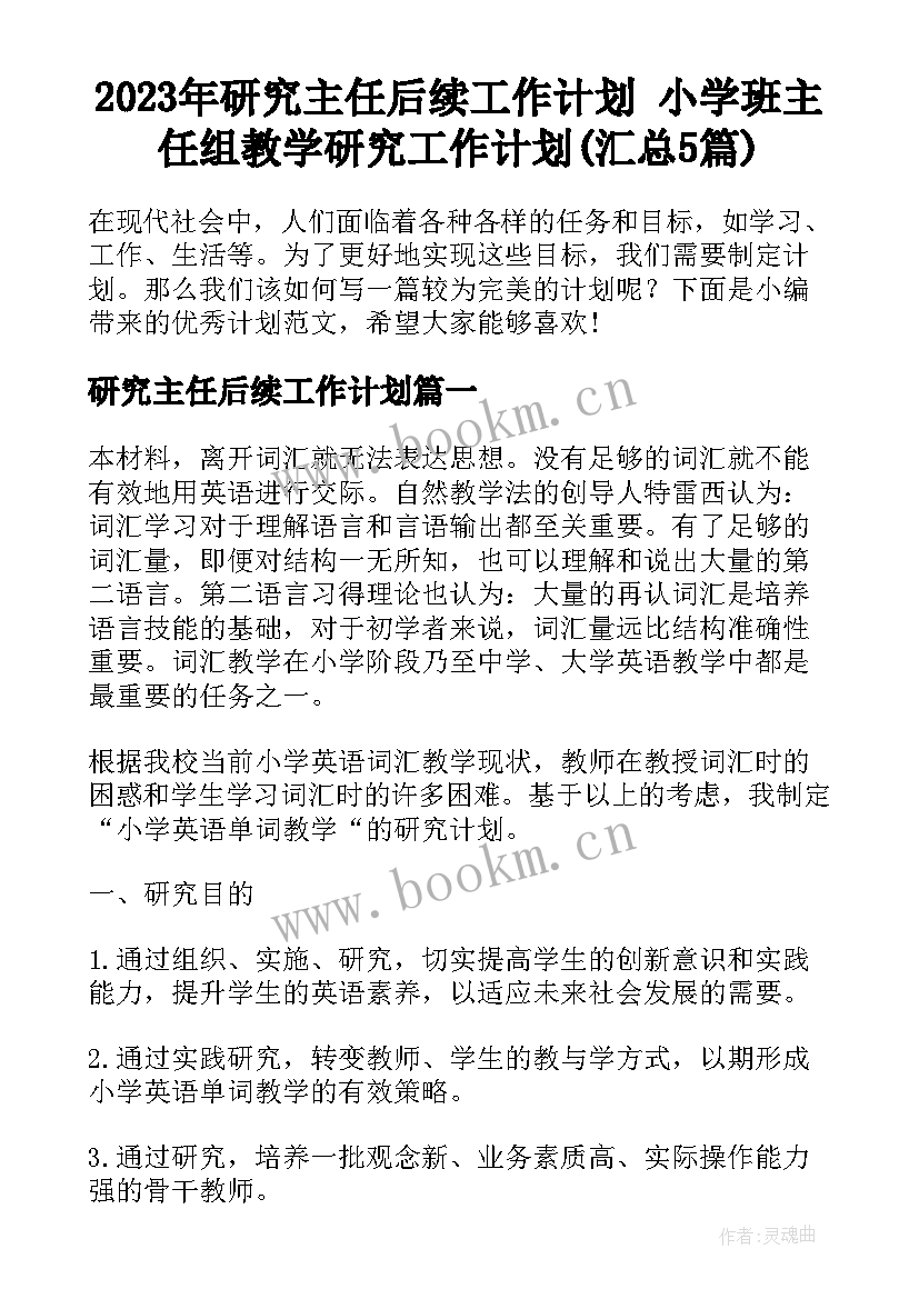 2023年研究主任后续工作计划 小学班主任组教学研究工作计划(汇总5篇)