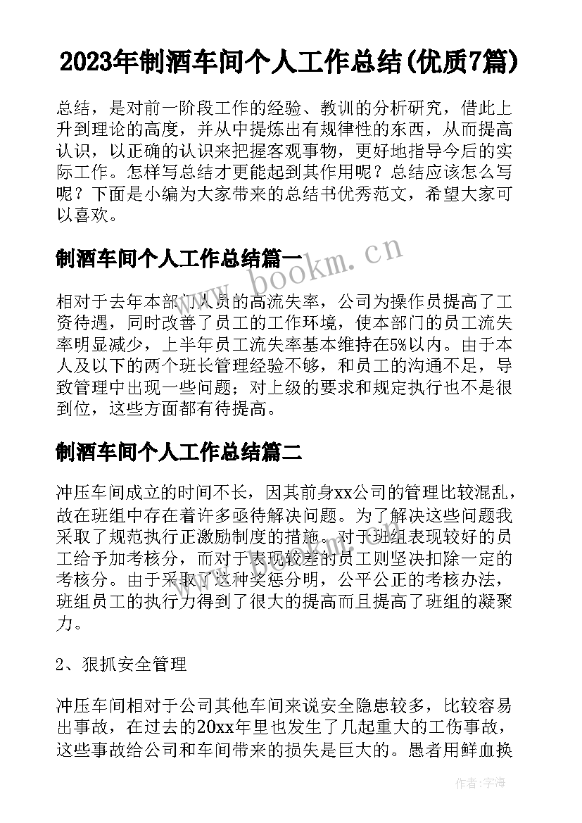 2023年制酒车间个人工作总结(优质7篇)