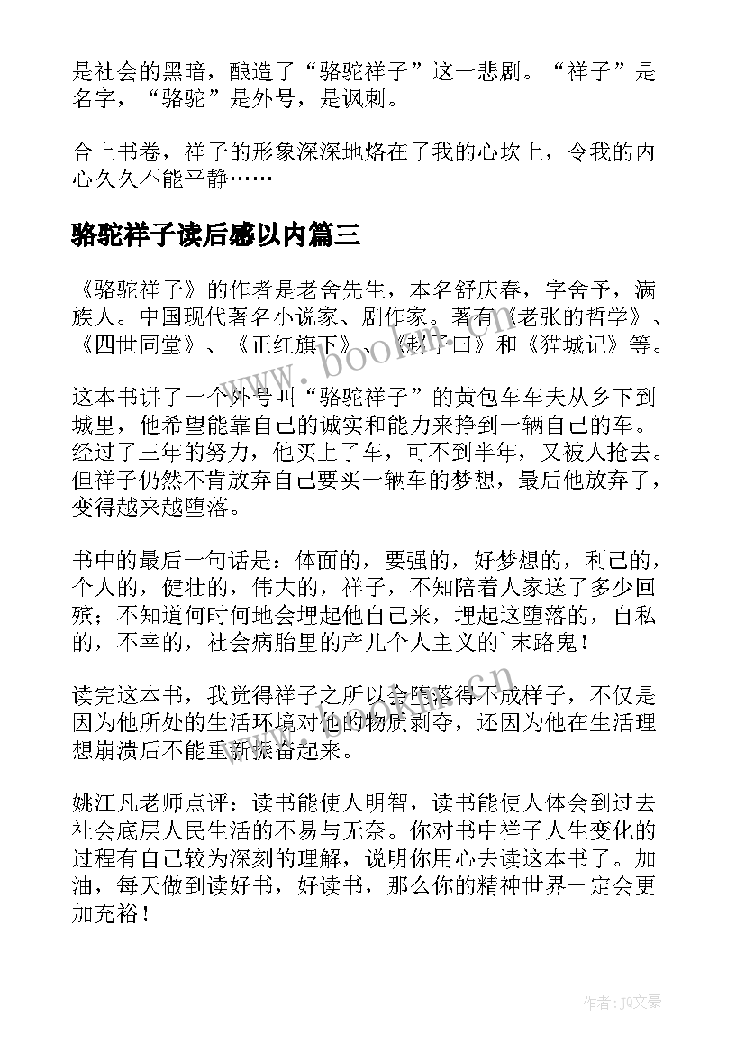 2023年骆驼祥子读后感以内(优秀10篇)