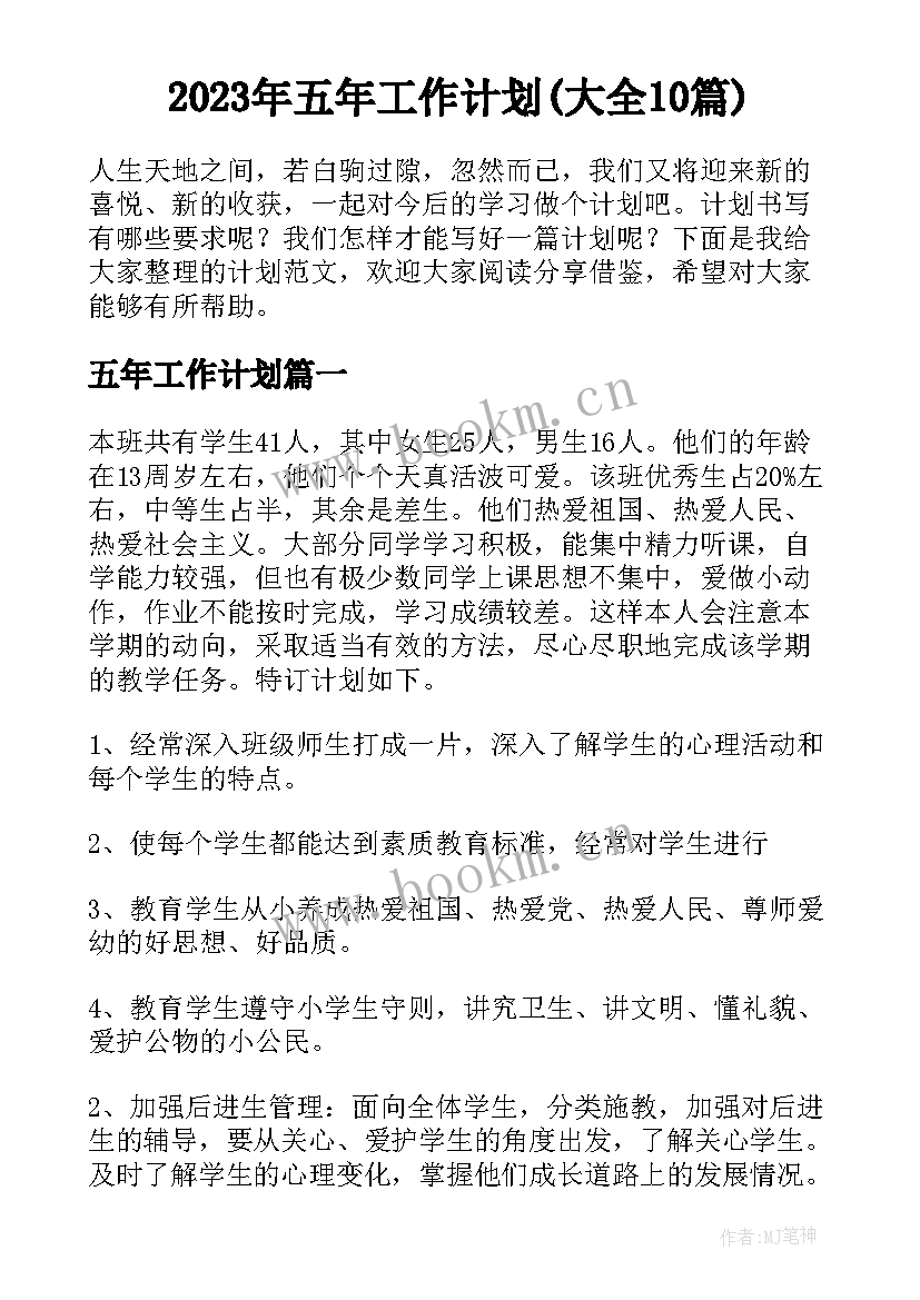 2023年五年工作计划(大全10篇)