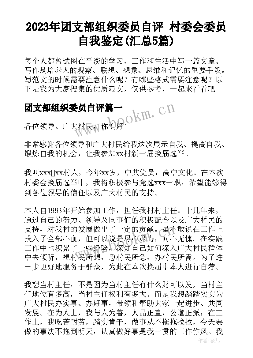 2023年团支部组织委员自评 村委会委员自我鉴定(汇总5篇)