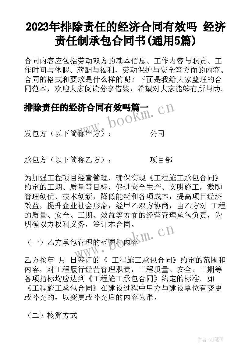 2023年排除责任的经济合同有效吗 经济责任制承包合同书(通用5篇)