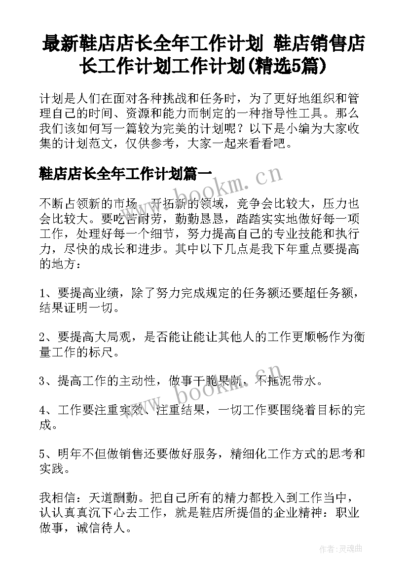 最新鞋店店长全年工作计划 鞋店销售店长工作计划工作计划(精选5篇)