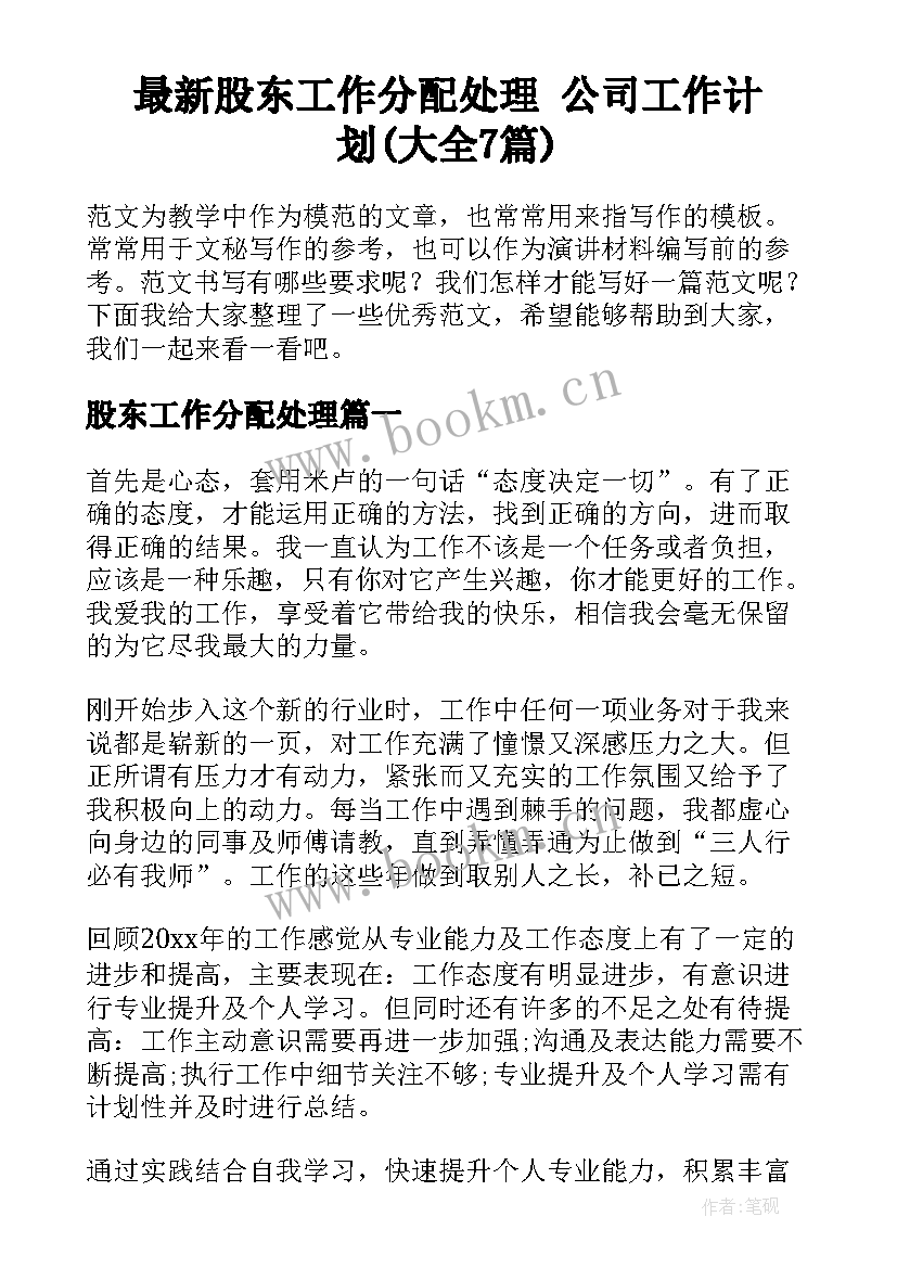 最新股东工作分配处理 公司工作计划(大全7篇)