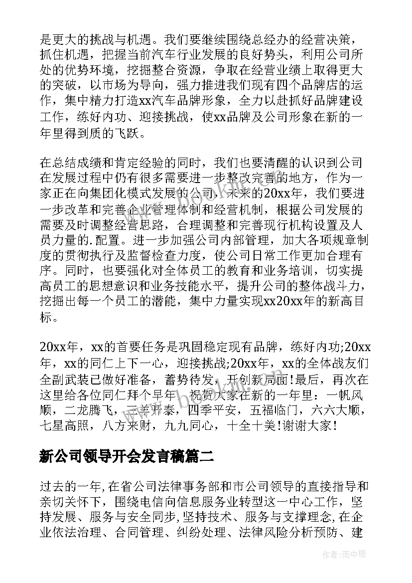 最新新公司领导开会发言稿 新公司领导年会发言稿(模板5篇)