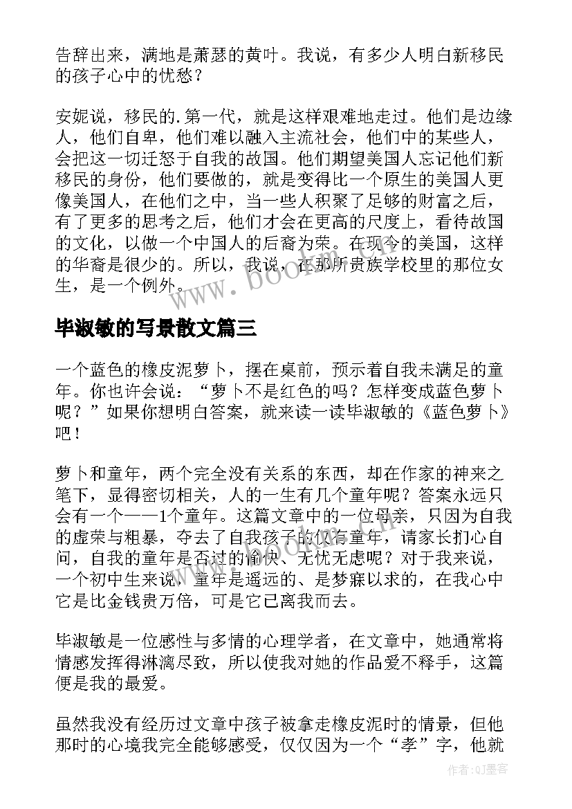 毕淑敏的写景散文 毕淑敏散文读后感(实用9篇)