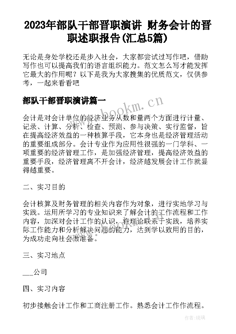 2023年部队干部晋职演讲 财务会计的晋职述职报告(汇总5篇)