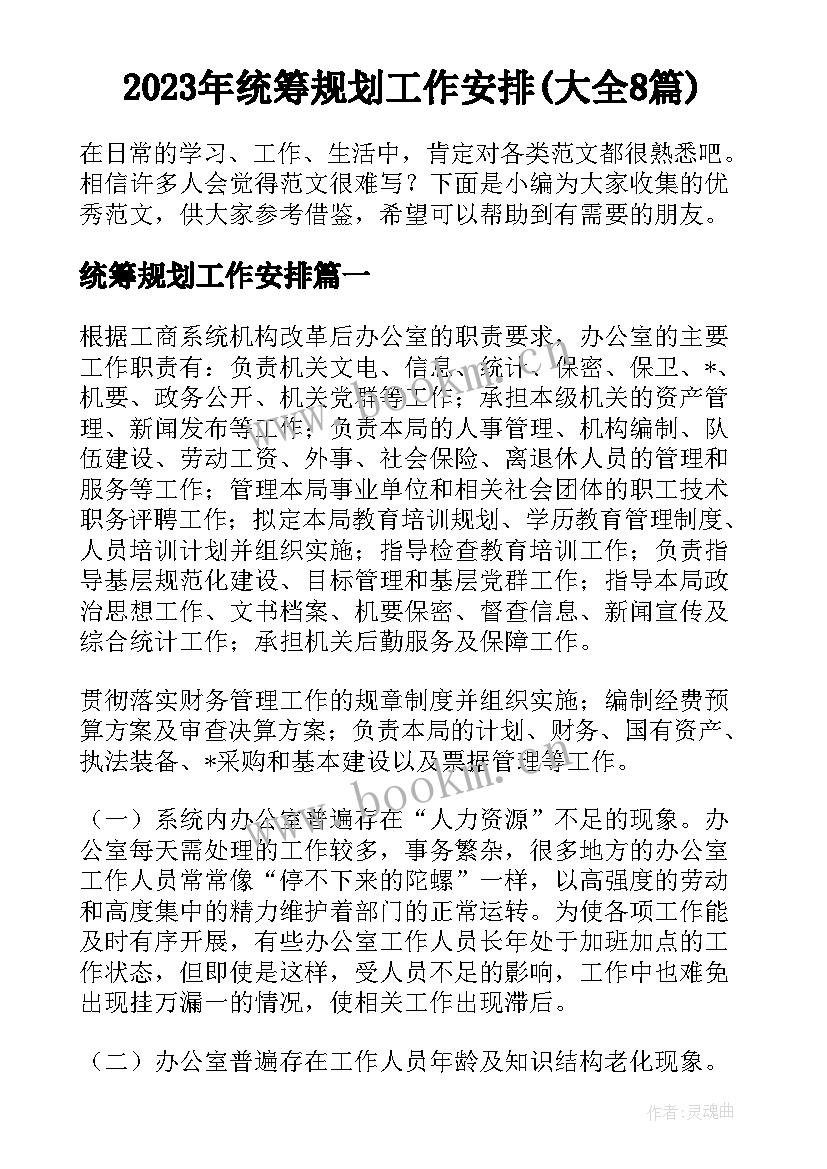 2023年统筹规划工作安排(大全8篇)