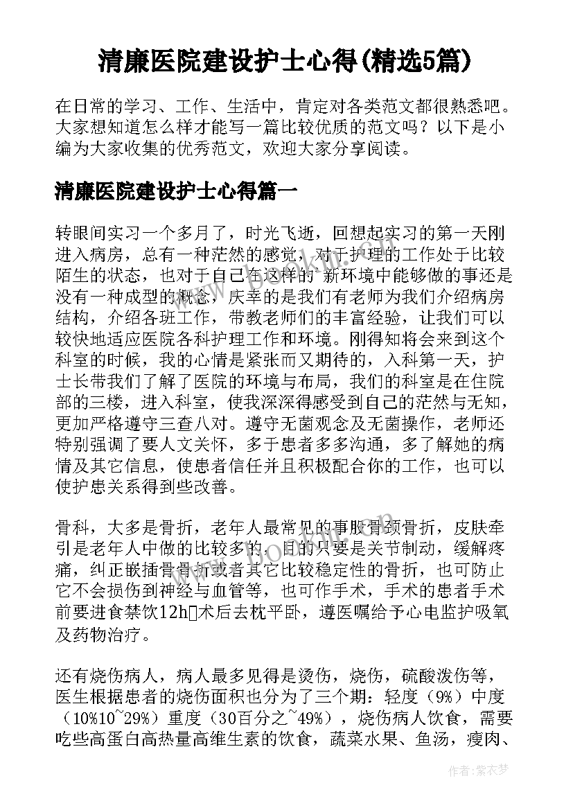 清廉医院建设护士心得(精选5篇)