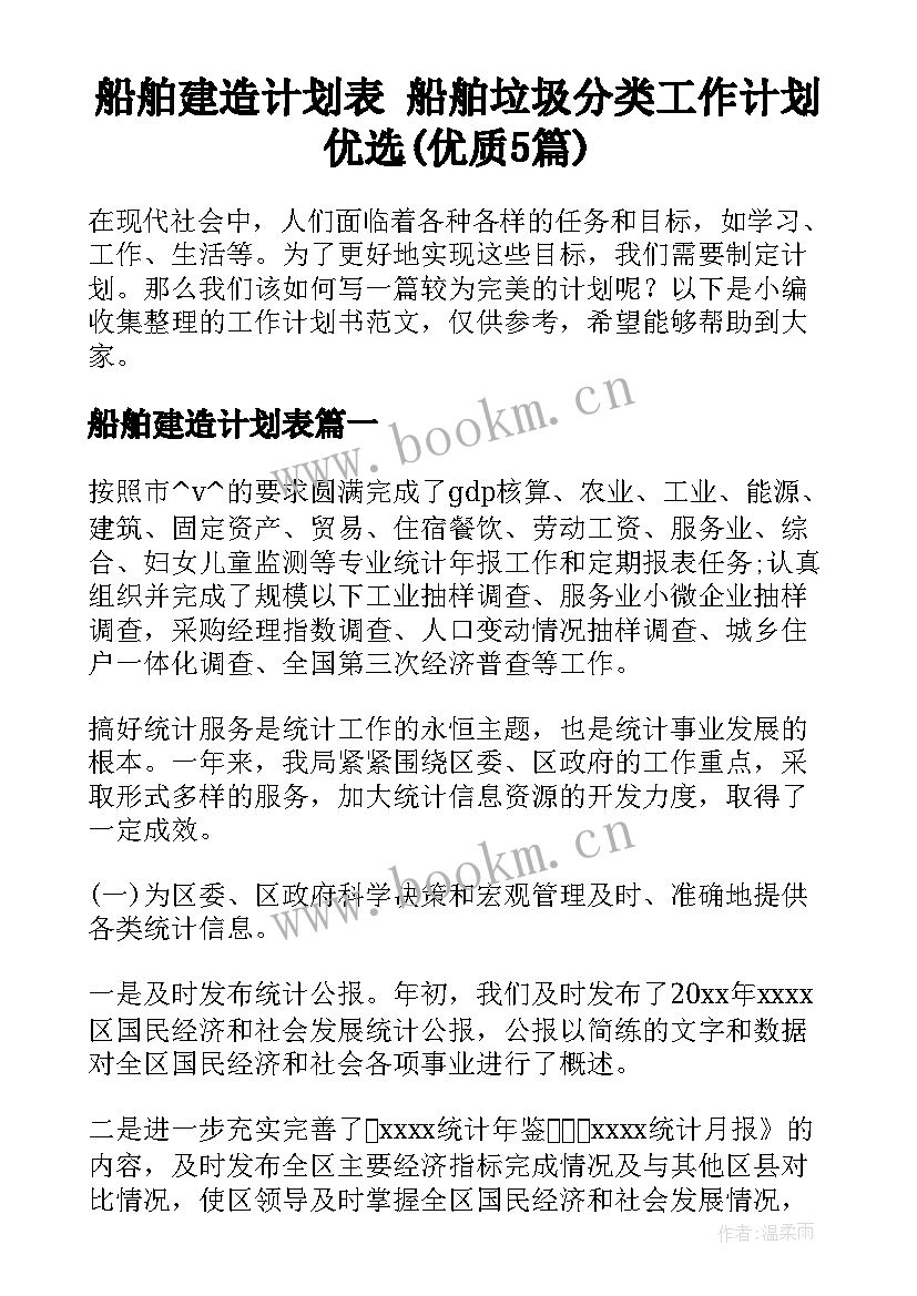 船舶建造计划表 船舶垃圾分类工作计划优选(优质5篇)