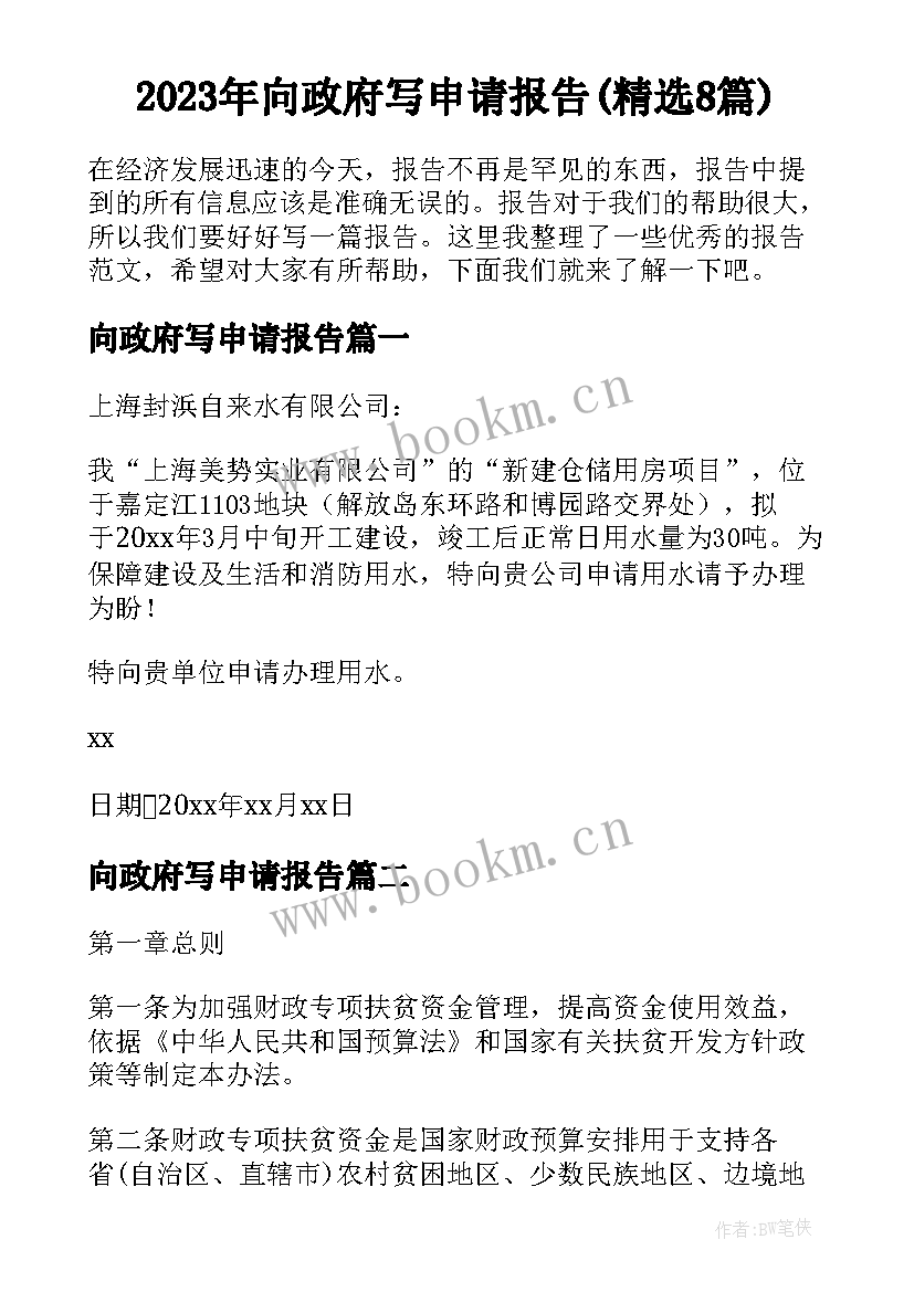 2023年向政府写申请报告(精选8篇)