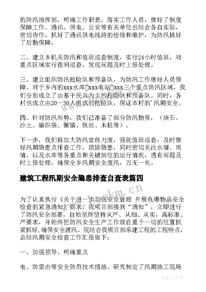 2023年建筑工程汛期安全隐患排查自查表 工程建设自查报告(优质10篇)