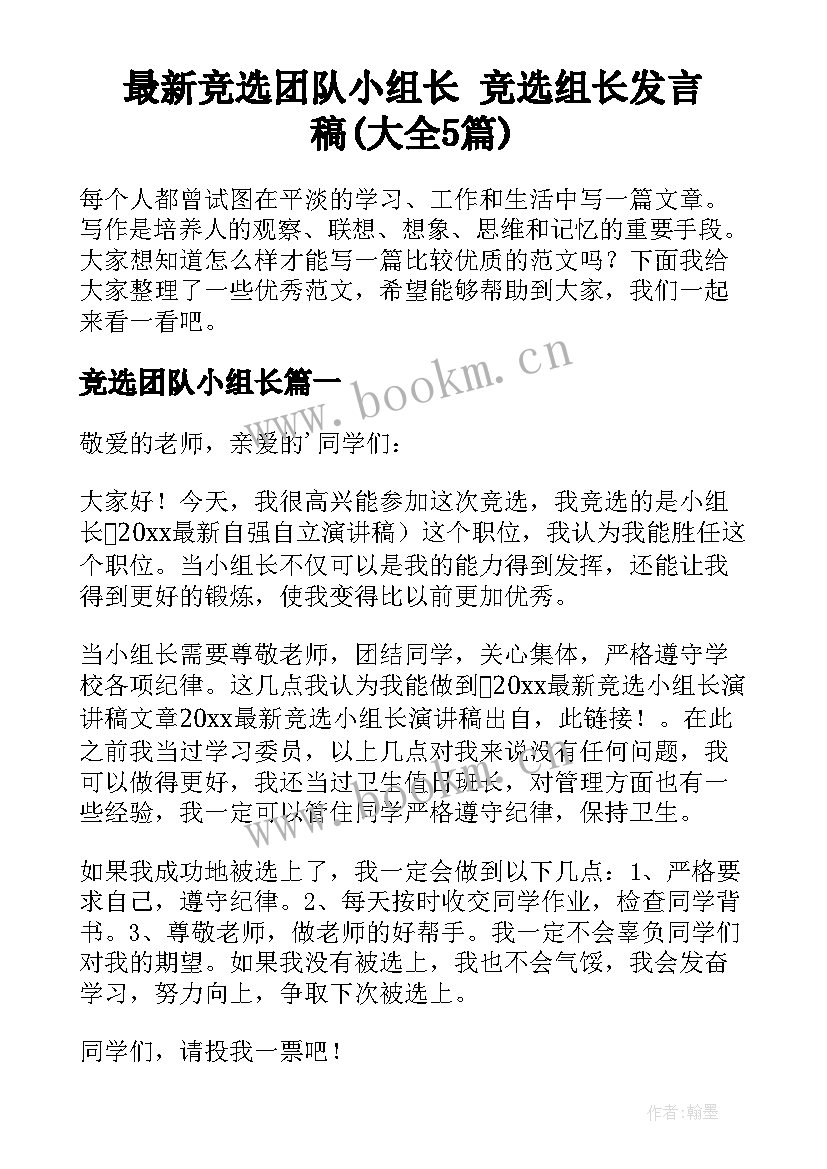 最新竞选团队小组长 竞选组长发言稿(大全5篇)