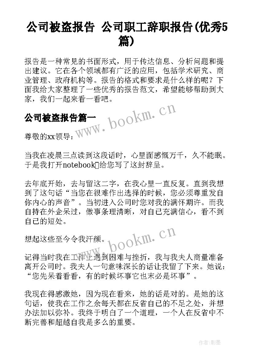 公司被盗报告 公司职工辞职报告(优秀5篇)