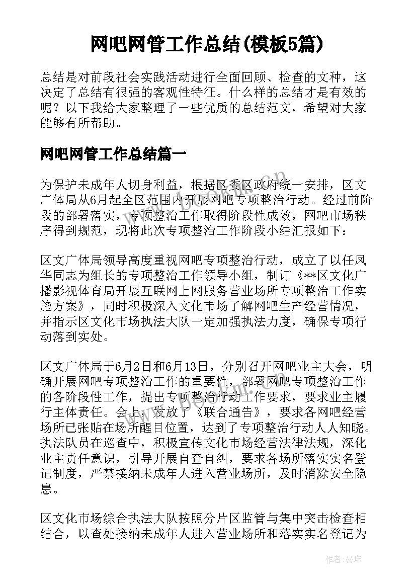 网吧网管工作总结(模板5篇)