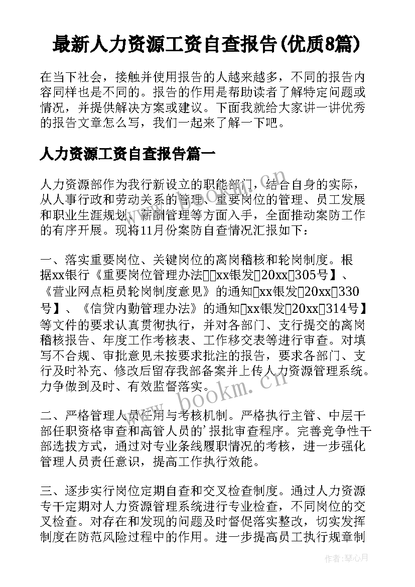 最新人力资源工资自查报告(优质8篇)