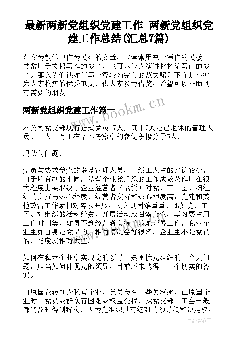 最新两新党组织党建工作 两新党组织党建工作总结(汇总7篇)