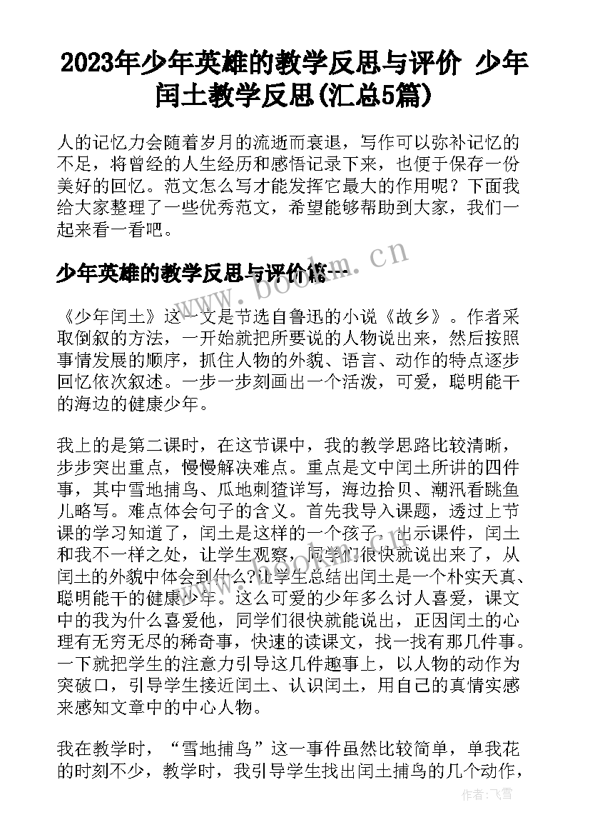 2023年少年英雄的教学反思与评价 少年闰土教学反思(汇总5篇)