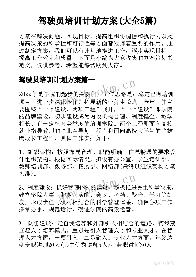 驾驶员培训计划方案(大全5篇)