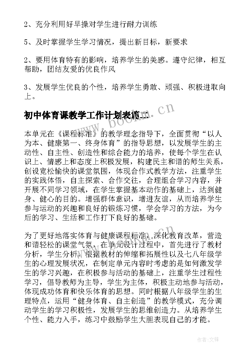 初中体育课教学工作计划表(汇总8篇)