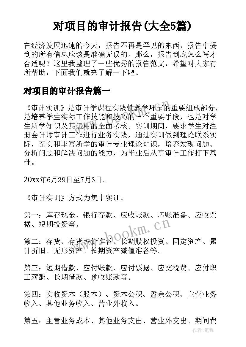 对项目的审计报告(大全5篇)