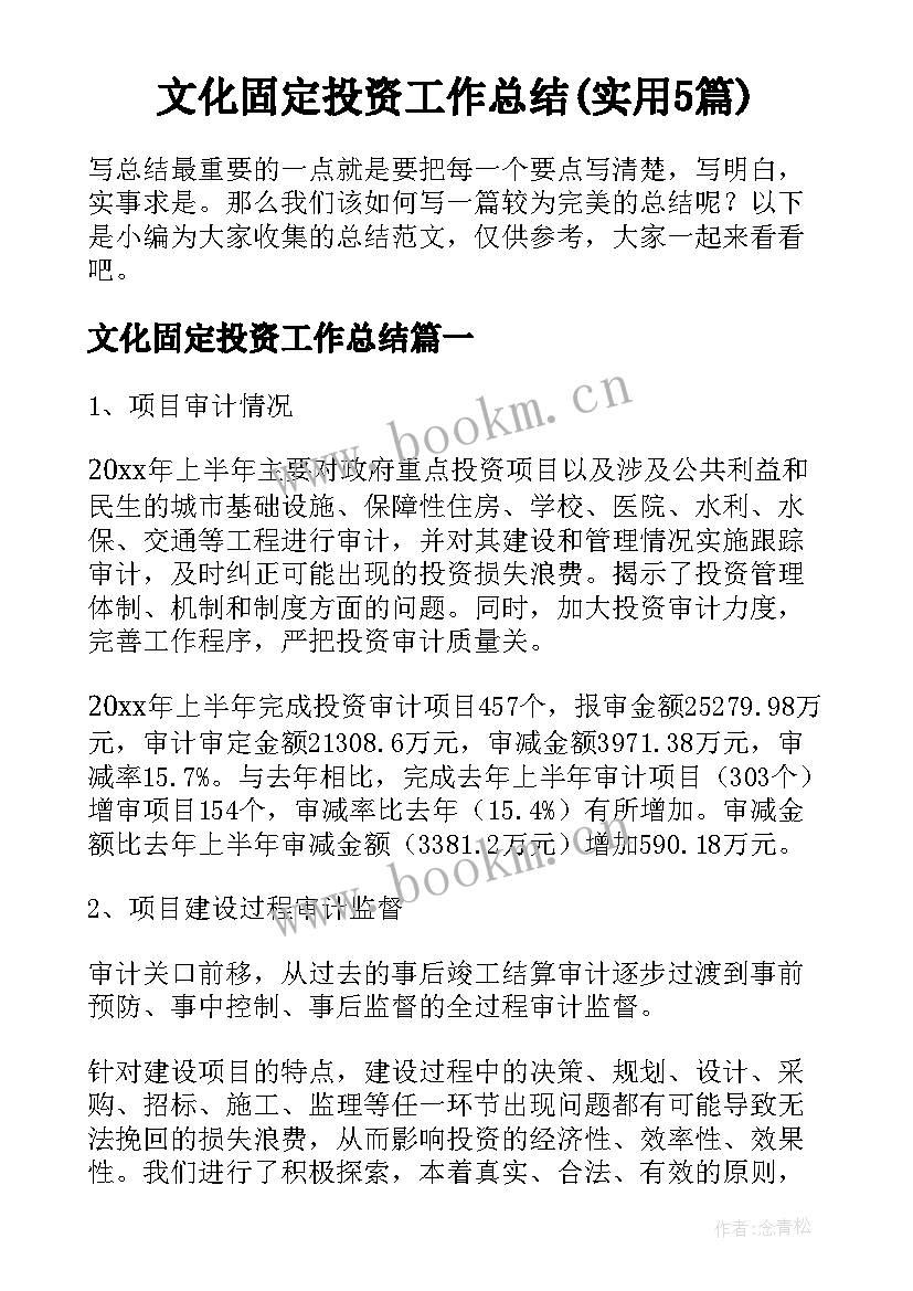 文化固定投资工作总结(实用5篇)