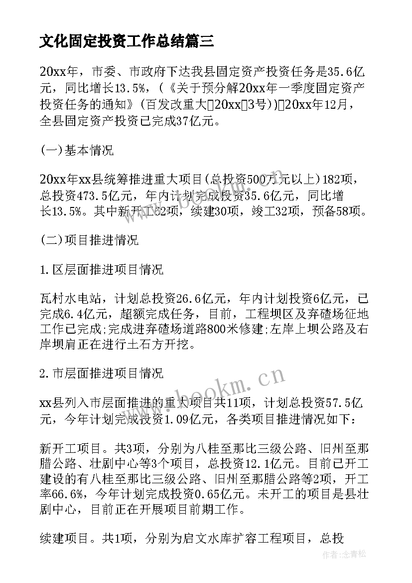 文化固定投资工作总结(实用5篇)