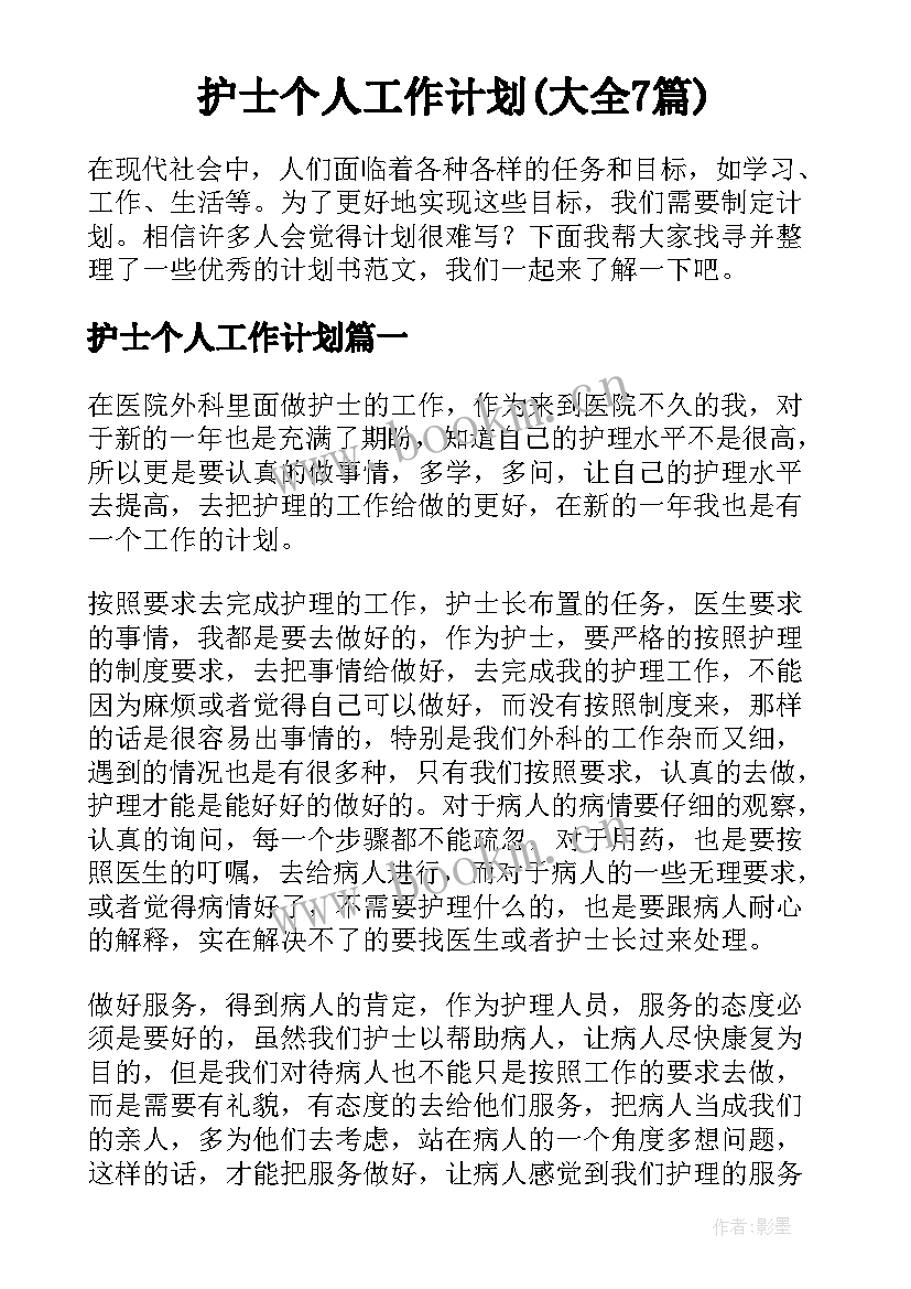 护士个人工作计划(大全7篇)