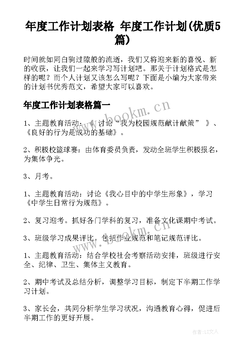 年度工作计划表格 年度工作计划(优质5篇)