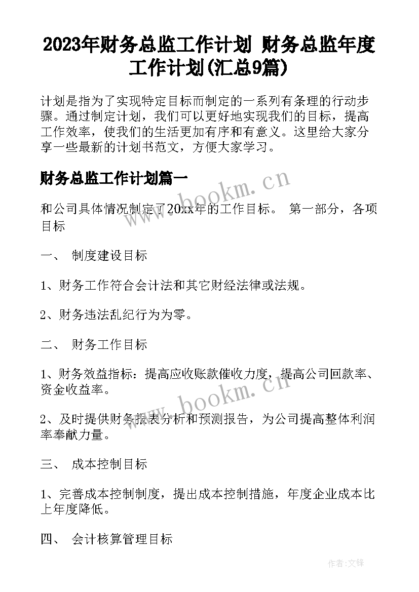 2023年财务总监工作计划 财务总监年度工作计划(汇总9篇)