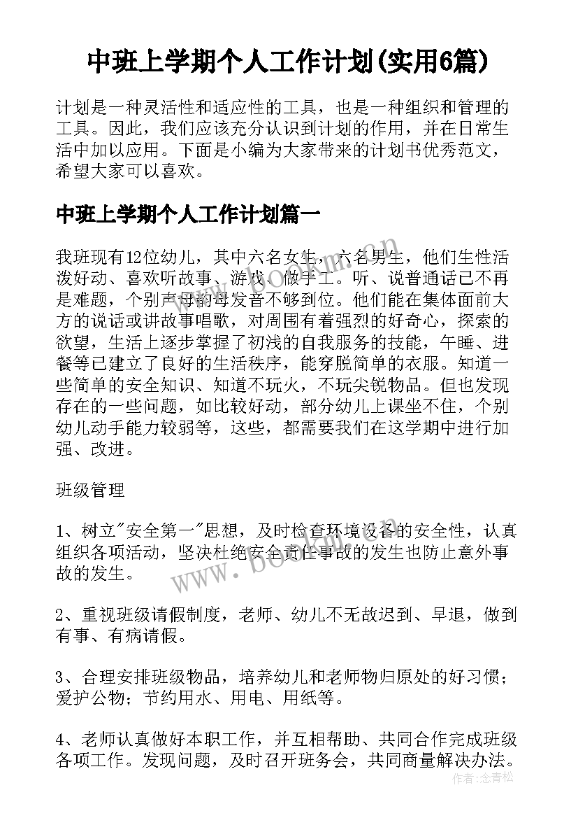 中班上学期个人工作计划(实用6篇)