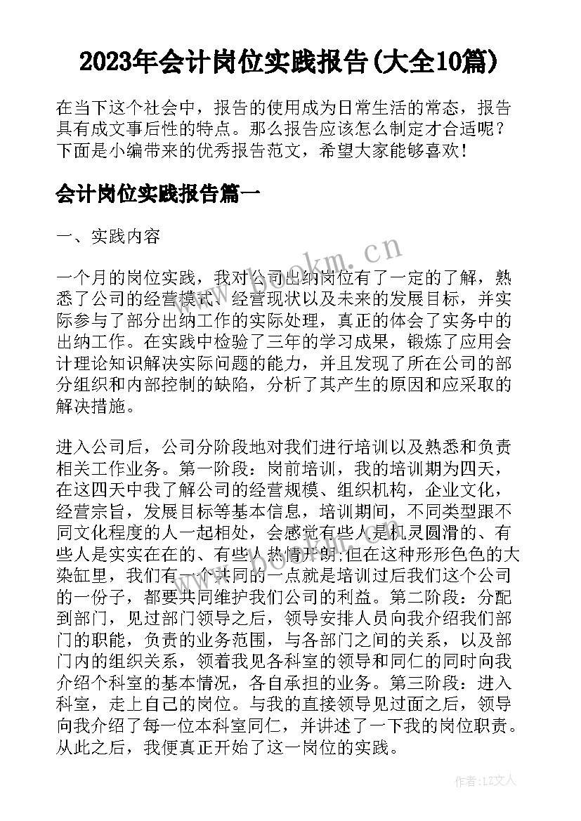 2023年会计岗位实践报告(大全10篇)