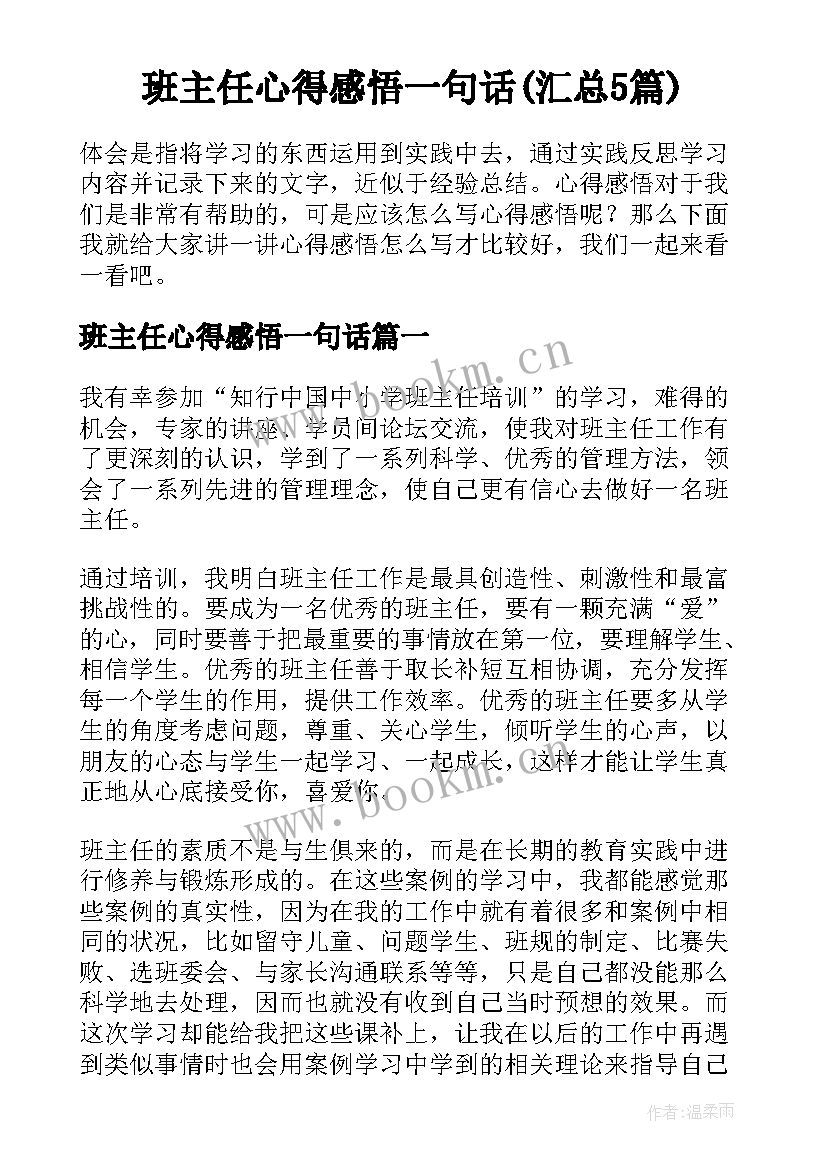 班主任心得感悟一句话(汇总5篇)