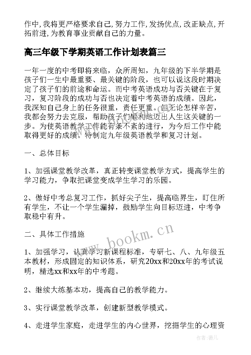 最新高三年级下学期英语工作计划表 高三下学期英语教学工作计划(实用7篇)