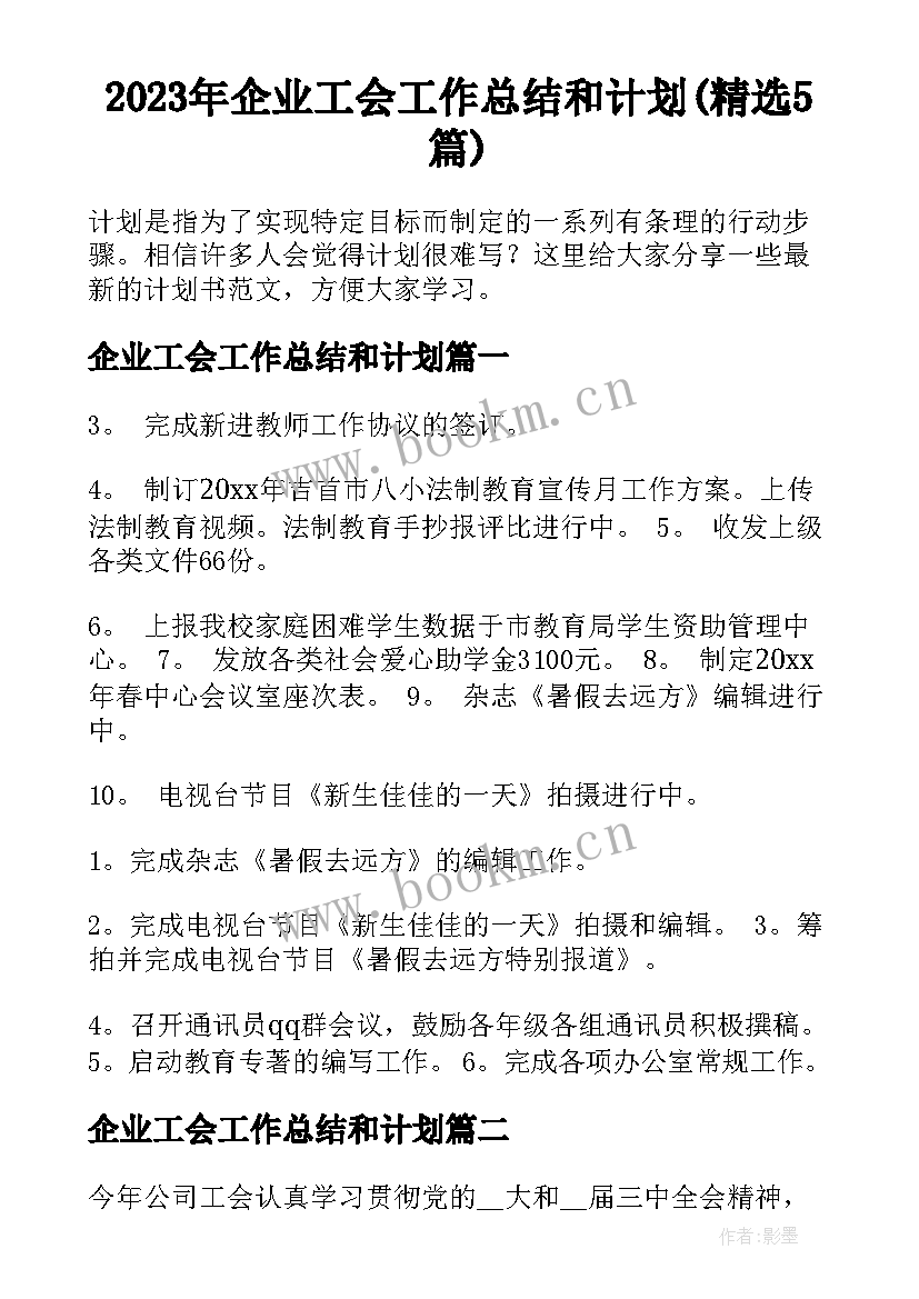 2023年企业工会工作总结和计划(精选5篇)