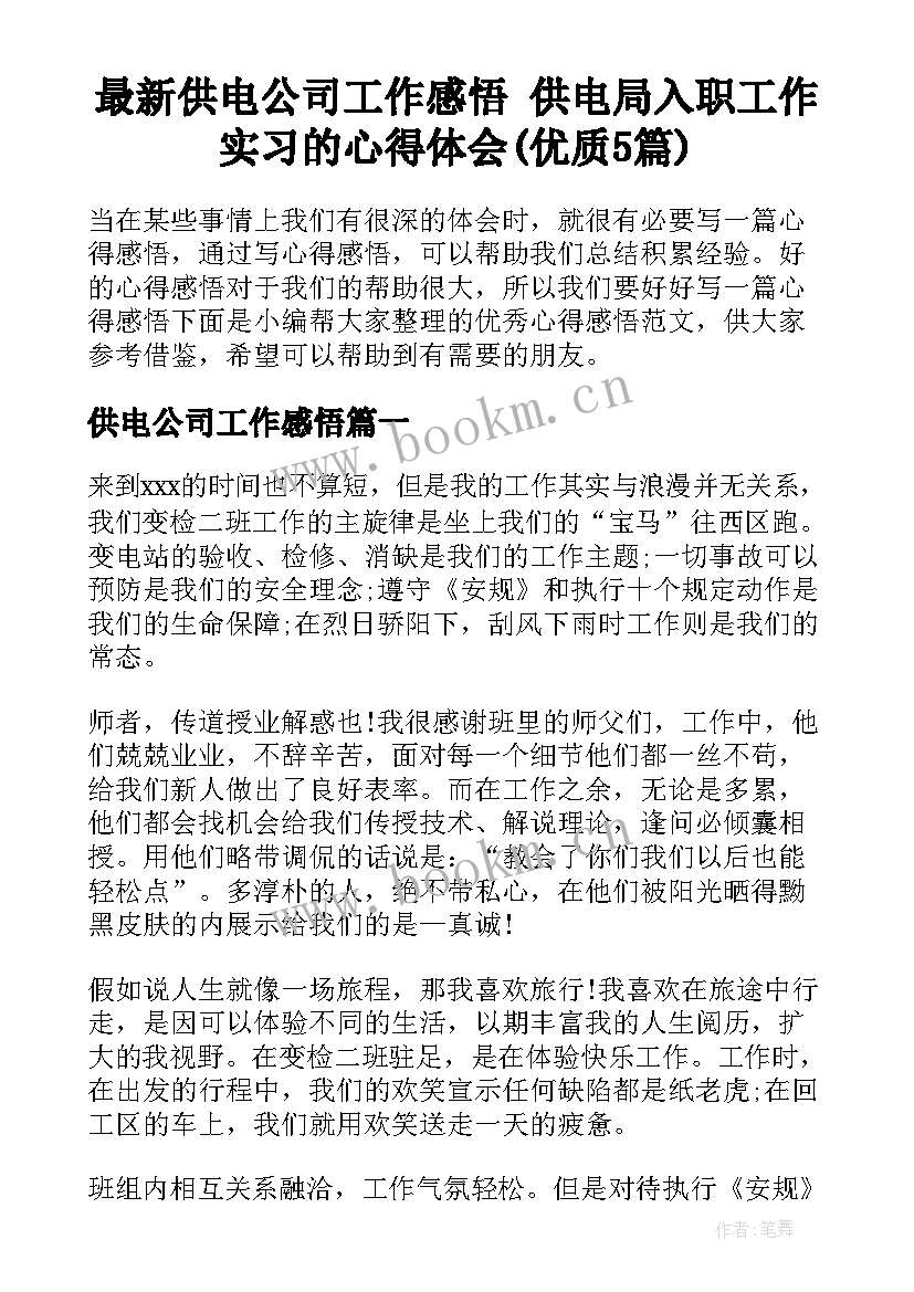 最新供电公司工作感悟 供电局入职工作实习的心得体会(优质5篇)