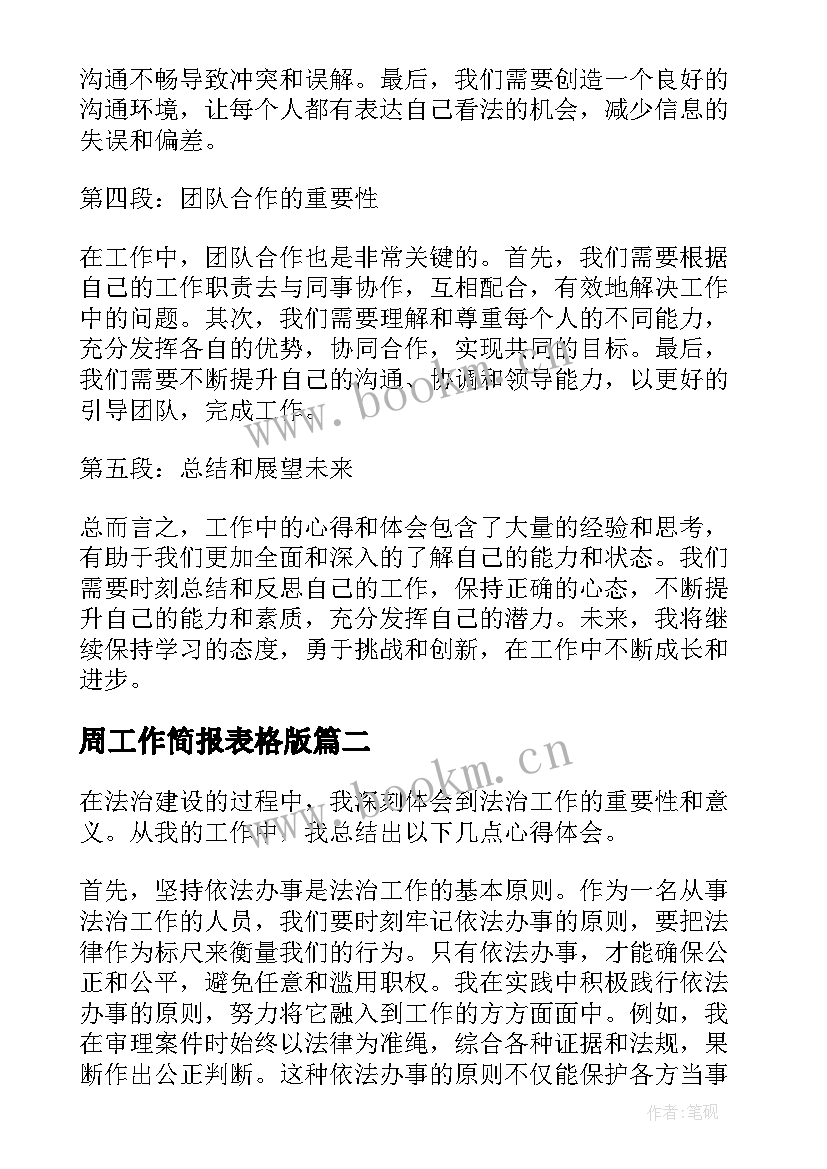 最新周工作简报表格版 工作心得体会感悟(精选6篇)